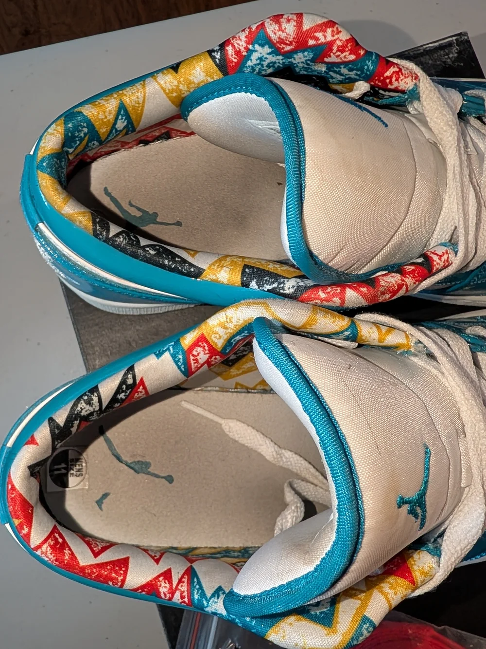 Jordan Men's Low-Top Sneakers in White & Teal with Red Laces 